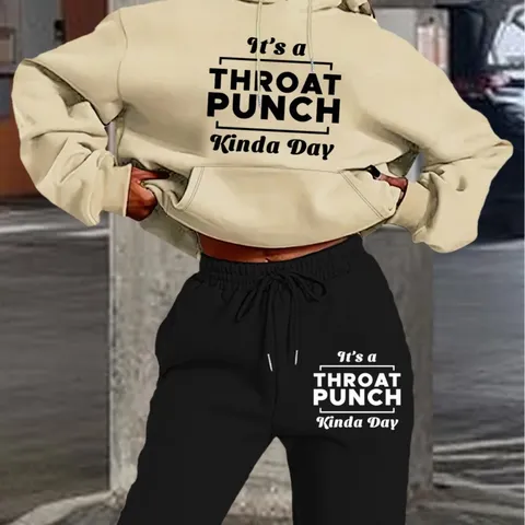 Women's Fleece Lined Hooded Sweatshirt And Sweatpants Set Casual Letter Print Long Sleeve Hoodie Two Piece Outfit