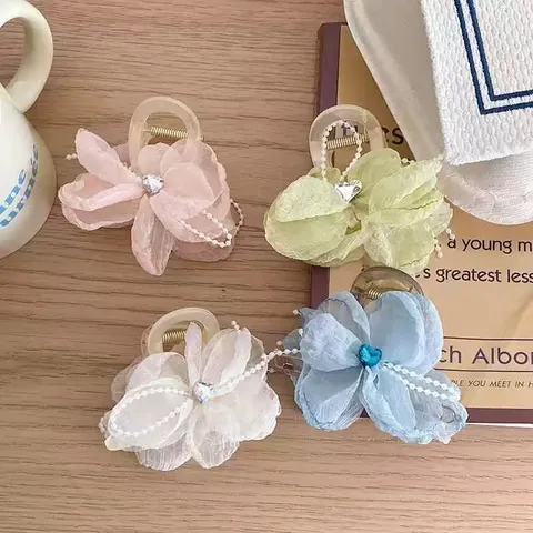 Women Sweet Floral Hair Claw Clip Mesh Flower Shark Clip Pearl Rhinestone Hair Accessories For Daily Styling