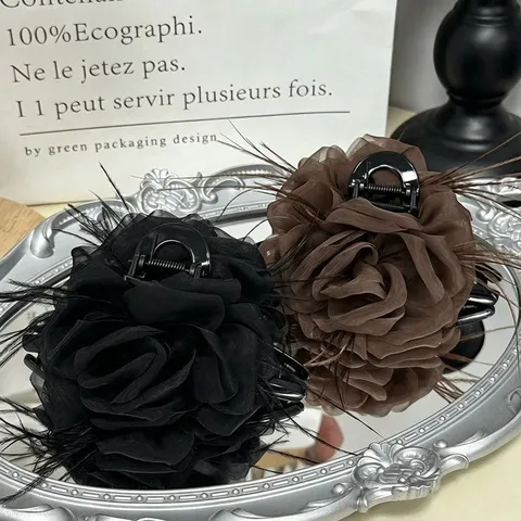 Mesh Rose Feather Hair Claw Clip Large Shark Clip Elegant Floral Hair Accessories