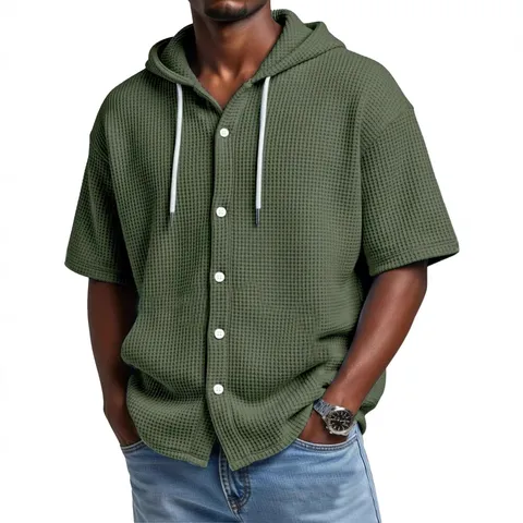 Camiseta Casual de Manga Corta con Capucha Waffle para Hombre Suelta Color Sólido Botón Cardigan Top de Verano Transpirable