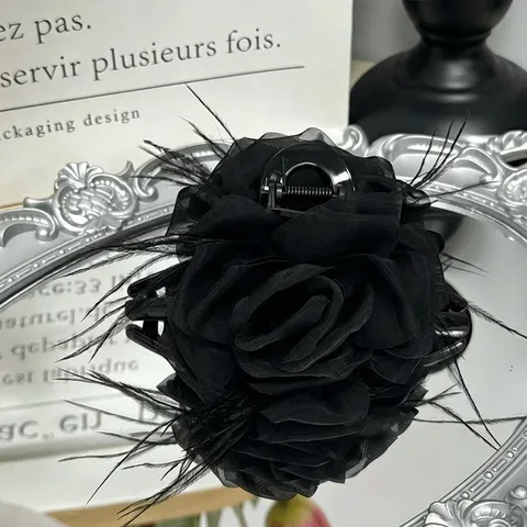 Mesh Rose Feather Hair Claw Clip Large Shark Clip Elegant Floral Hair Accessories