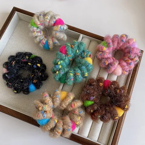 Sweet Plush Telephone Cord Hair Ties With Colorful Balls High Elastic Traceless Spiral Hair Ring For Women Kids Daily Headwear