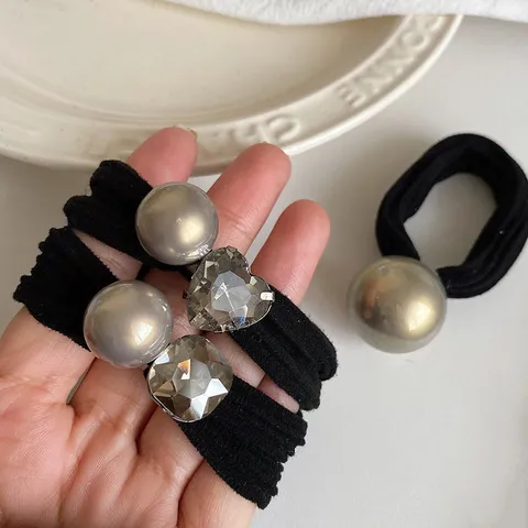 Eleganti Elastici per Capelli Con Ciondoli di Perle Artificiali Strass Nero Elastico ad Alta Elasticità Accessori per Capelli da Donna