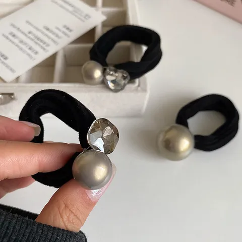 Eleganti Elastici per Capelli Con Ciondoli di Perle Artificiali Strass Nero Elastico ad Alta Elasticità Accessori per Capelli da Donna