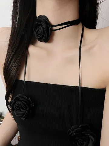 Satin Fabric 3D Rose Flower Choker Necklace Long Ribbon Tie Collar Bone Chain For Women Party Dating Fashion Jewelry Gift