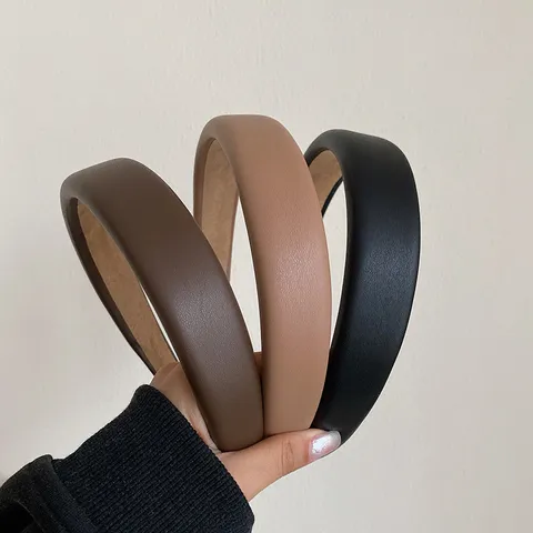 Vintage Solid Color Faux Leather Headband Wide Brim High Top Elegant Hair Band Handmade Everyday Headwear Accessories For Women