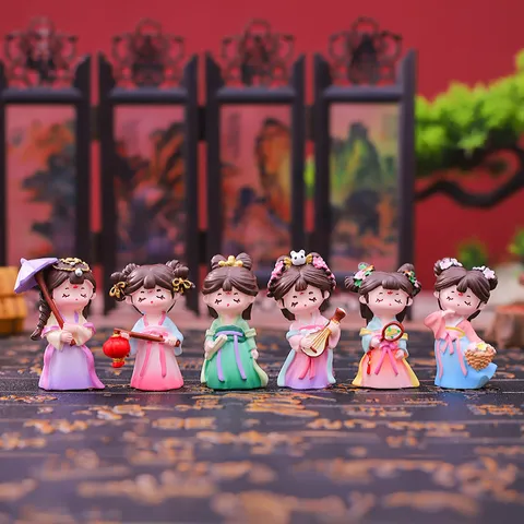 Guochao Vintage Chinese Style Hanfu Maiden Figurine Resin Desktop Ornament Ancient Beauty Miniature Statue Birthday Gift