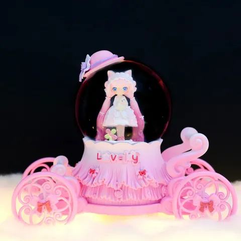 Lolita Princess Carriage Crystal Ball Music Box with LED Light Romantic Glass Resin Carriage Snow Globe Gift for Girls Women Birthday Valentine