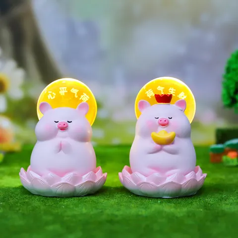 Cute Resin Pink Cartoon Pig Night Light Ornament Glowing Lotus Base Desk Blessing Lamp Decor For Bedroom Home Everyday Gift