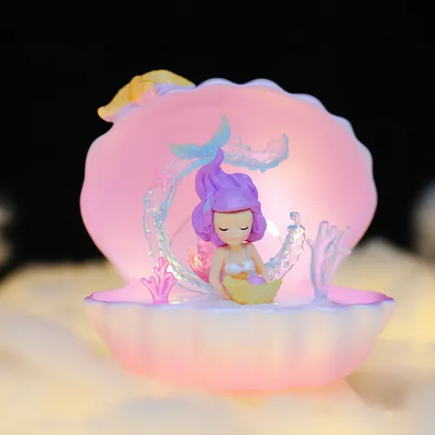Linda Luz de Noche de Dibujos Animados Cuento de Hadas Sirena Princesa Concha Marina Lámpara de Estrella Música Adorno de Resina Regalo Cumpleaños
