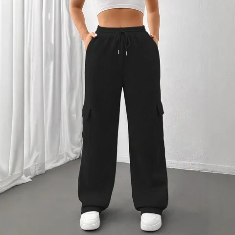 Unisex Casual Polyester Fleece Cargo Sweatpants Loose Fit Drawstring Multiple Pockets Long Pants Outdoor Sports Joggers For Teens