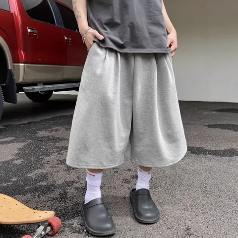 Men American Streetwear Solid Color Wide Leg Shorts Summer Loose Casual Capri Shorts Comfortable Breathable Bottom Trousers