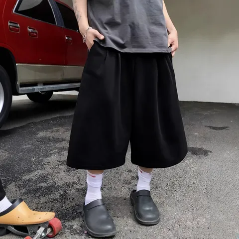 Men American Streetwear Solid Color Wide Leg Shorts Summer Loose Casual Capri Shorts Comfortable Breathable Bottom Trousers