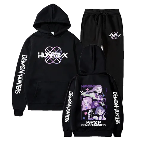 Kpop Demon Hunters Printed Fleece Hoodie And Pants Set Loose Unisex Casual Tracksuit Sportswear Hooded Sweatsuit