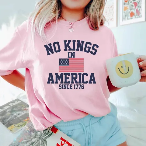 Unisex Casual Katoen Ronde Hals Korte Mouw T-Shirt No Kings In America 1776 Amerikaanse Vlag Bedrukt Graphic Top Zomer Tee