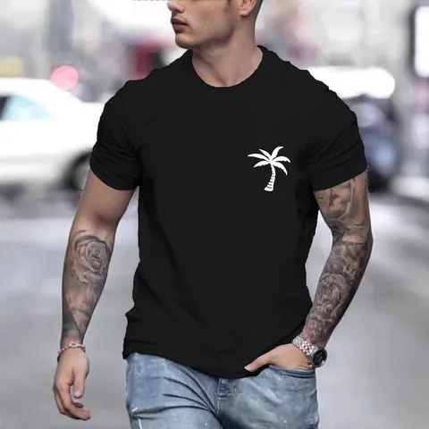 Women Hawaiian Surf Palm Tree Print T-Shirt Casual Round Neck Short Sleeve Cotton Loose Top