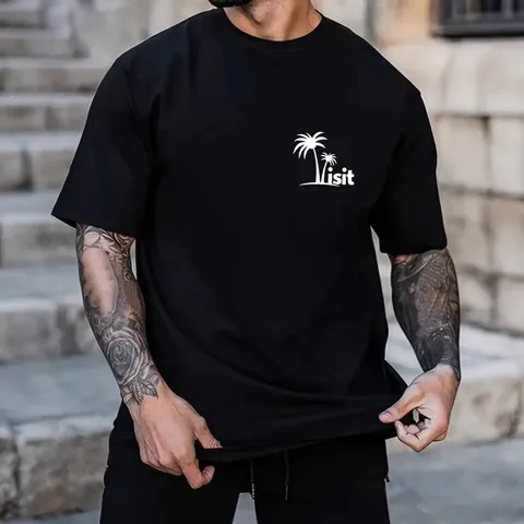 Unisex Loose Fit Cotton Round Neck Short Sleeve T-Shirt Hawaiian Tropical Coconut Tree Letter Print Everyday Graphic Top
