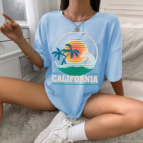 Women's California Hawaii Surf Print Cotton T-Shirt Retro Sunset Palm Tree Graphic Loose Short Sleeve Crew Neck Top