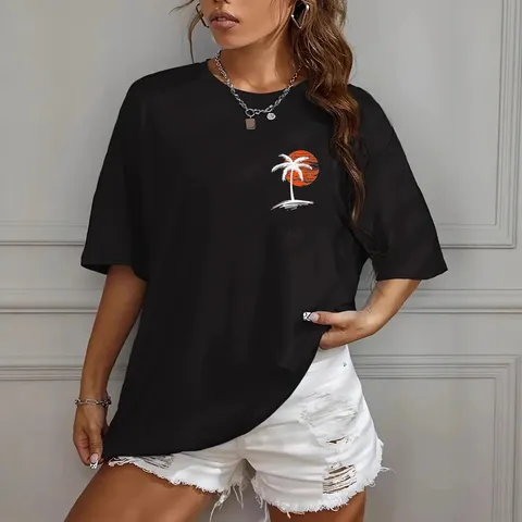Women Casual Cotton Hawaiian Sunset Palm Tree Print T-Shirt Round Neck Loose Short Sleeve Top Summer Beach Holiday Top