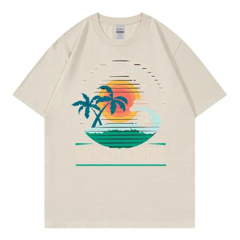 Women's California Hawaii Surf Print Cotton T-Shirt Retro Sunset Palm Tree Graphic Loose Short Sleeve Crew Neck Top
