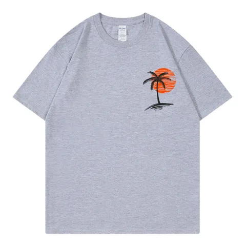 Women Casual Cotton Hawaiian Sunset Palm Tree Print T-Shirt Round Neck Loose Short Sleeve Top Summer Beach Holiday Top
