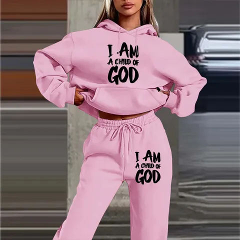 Damen Streetwear Lässig Polyester Buchstaben Gedruckt Kapuzenpullover Gefüttert Lange Hose Top And Bottom Passendes Set