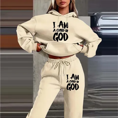 Damen Streetwear Lässig Polyester Buchstaben Gedruckt Kapuzenpullover Gefüttert Lange Hose Top And Bottom Passendes Set