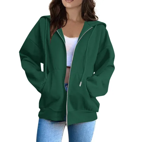 Women's Oversized Zip Up Hoodie Gothic Solid Color Long Sleeve Sweatshirt With Pockets Loose Fit Printed Hoodie Top