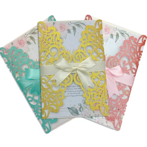 Elegant Laser Cut Wedding Invitations Hollow Lace Rose Flower Glitter Invitation Cards With Ribbon Bow For Valentine's Day Marriage Anniversary Party Decoration
