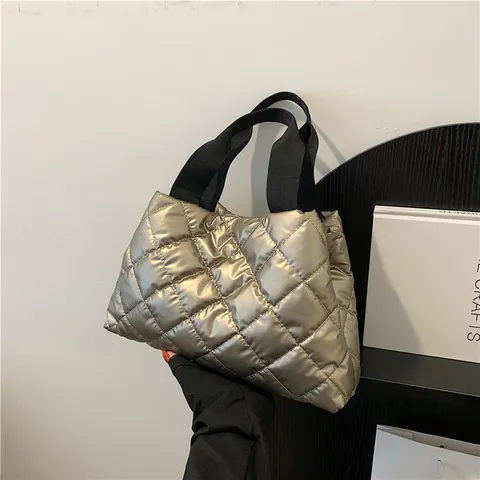Bolso Acolchado de Moda para Mujer Gran Capacidad Bolso de Hombro de Rombos Bolso de Mano Metálico Casual Bolso Tote