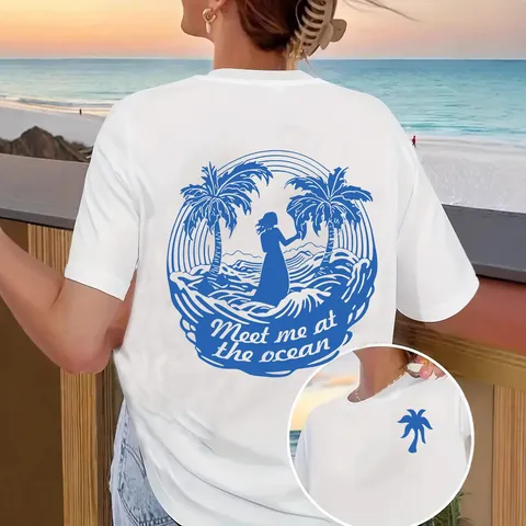 Cotton T-Shirt Meet Me At The Ocean Palm Tree Print Short Sleeve Round Neck Loose Casual Tee Top For Men Women Couples