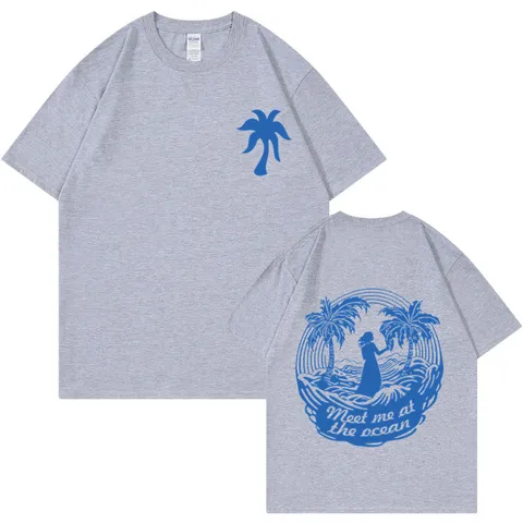 Cotton T-Shirt Meet Me At The Ocean Palm Tree Print Short Sleeve Round Neck Loose Casual Tee Top For Men Women Couples