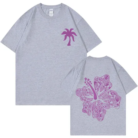 Everything Comes In Waves Unisex Cotton Graphic T-Shirt Casual Short Sleeve Round Neck Tropical Flower Palm Tree Print Top