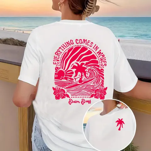 Camiseta de Algodón Estampada Everything Comes In Waves Unisex Palmera Tropical Manga Corta Top Casual