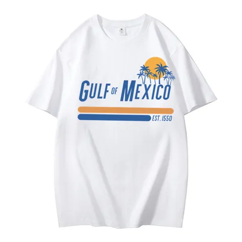 T-Shirt Imprimé Golfe du Mexique Hommes Femmes Coton Col Rond Large Manches Courtes Haut Vintage Style Plage Été