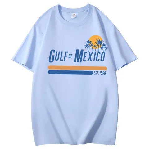 T-Shirt Imprimé Golfe du Mexique Hommes Femmes Coton Col Rond Large Manches Courtes Haut Vintage Style Plage Été