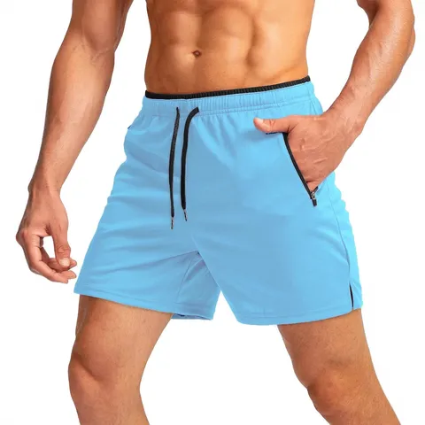 Men Quick Drying Running Shorts Mesh Breathable Sports Workout Gym Fitness Drawstring Elastic Waist Bottom Zipper Pockets Solid Color Beach Shorts