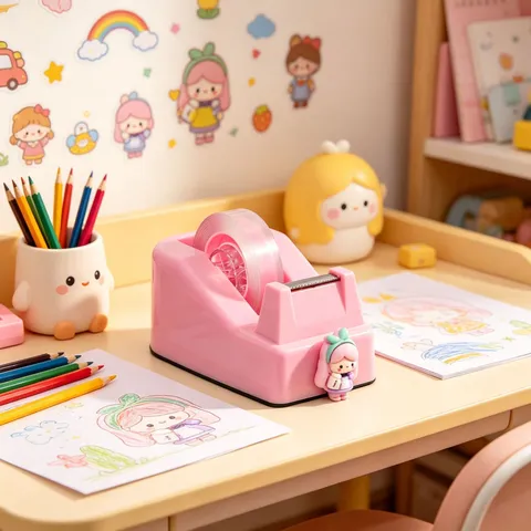 Cute Cartoon Girl Tape Dispenser Kawaii Desktop Tape Cutter Macaron Color Stationery Holder With Doll Decor For Student