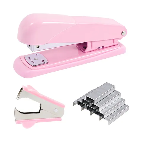 Cute Macaron Pink Plastic Metal Desktop Stapler Set With Staple Remover And Staples Effort Saving Stationery For School Office Home Supplies