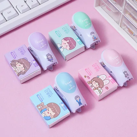 Süßes Cartoon Mini Heftgerät Set Tragbare Studenten Schreibwaren Macaron Farben Desktop Tools Schulbedarf Geschenke Für Büro Kinder Täglich