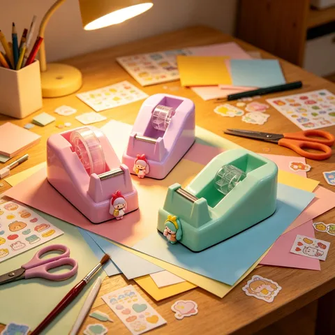 Cute Cartoon Girl Tape Dispenser Kawaii Desktop Tape Cutter Macaron Color Stationery Holder With Doll Decor For Student