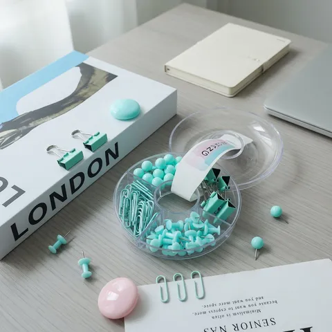 Macaron Color Office Stationery Supplies Transparent Round Box Binder Clips Paper Clips And Push Pins For Students School Business Supplies