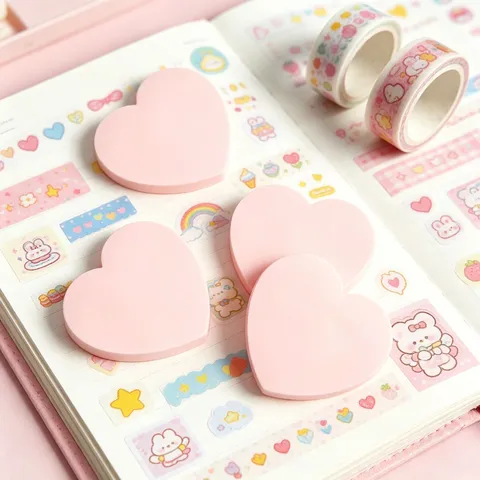 Notes Autocollantes Créatives en Forme de Cœur Rose Violet Motif Cœur Blocs-Notes Auto-Adhésifs Papier Épais Papeterie Pour Bureau École Étudiant Cadeau