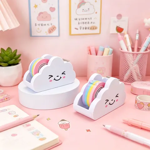 Cute Cartoon Cloud Smiley Face Tape Dispenser Creative Desktop Storage Organizer With Colorful Rainbow Tape For Student Stationery Office Supply