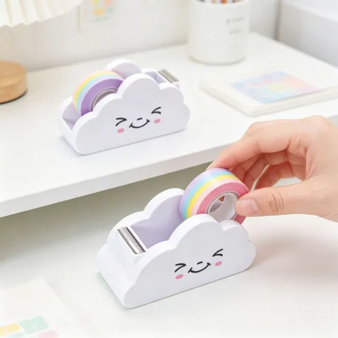 Cute Cartoon Cloud Smiley Face Tape Dispenser Creative Desktop Storage Organizer With Colorful Rainbow Tape For Student Stationery Office Supply