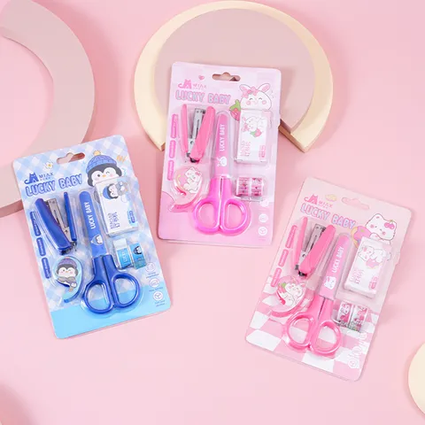 Ensemble de Papeterie Dessin Animé pour Enfants Avec Ciseaux de Sécurité Mini Agrafeuse Rubans Autocollants Cadeau d'Apprentissage Scolaire pour Enfants