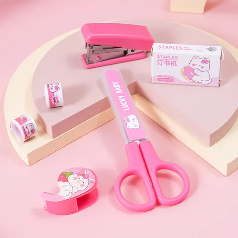 Ensemble de Papeterie Dessin Animé pour Enfants Avec Ciseaux de Sécurité Mini Agrafeuse Rubans Autocollants Cadeau d'Apprentissage Scolaire pour Enfants