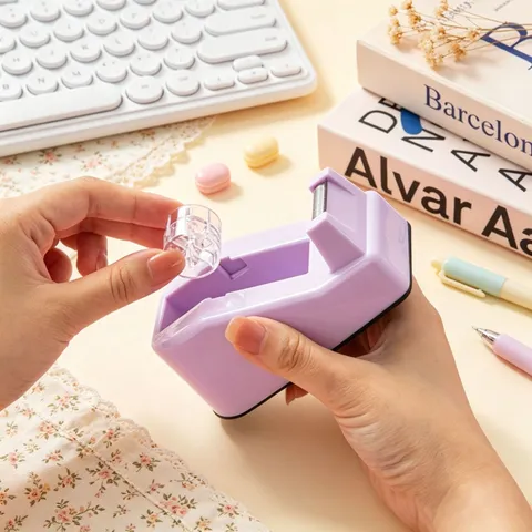 Cute Macaron Plastic Tape Dispenser Set With Sharp Metal Cutter Desktop Adhesive Tape Holder For Office School Journal Supplies