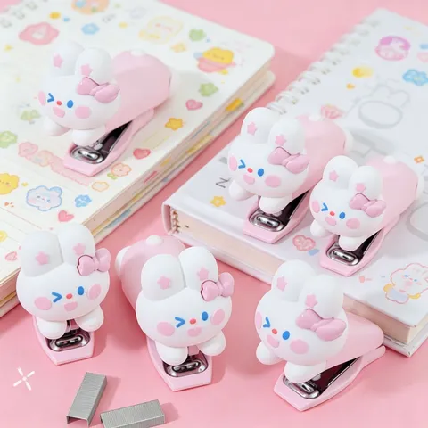 Cute Cartoon Rabbit Mini Stapler Labor Saving Desktop Stationery Student School Office Binding Tool Metal Core Creative Gift
