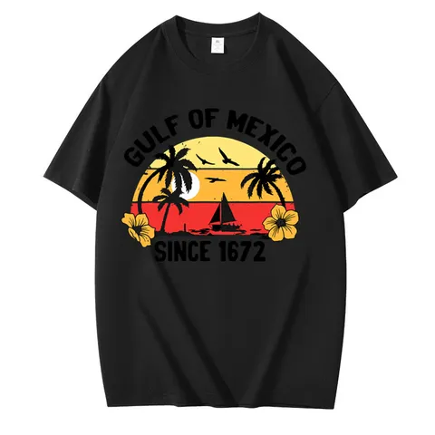 T-Shirt Unisexe Imprimé Gulf Of Mexico en Coton Col Rond Coupe Large Manches Courtes Top Vintage Paysage Tropical Graphic Tee